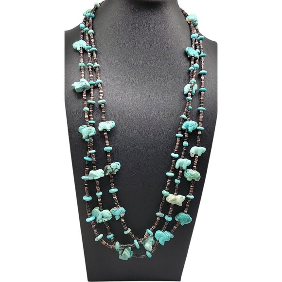Antique Turquoise Carved Animal Stations Heshi Necklace Multistrand 24" Detailed - Picture 10 of 16